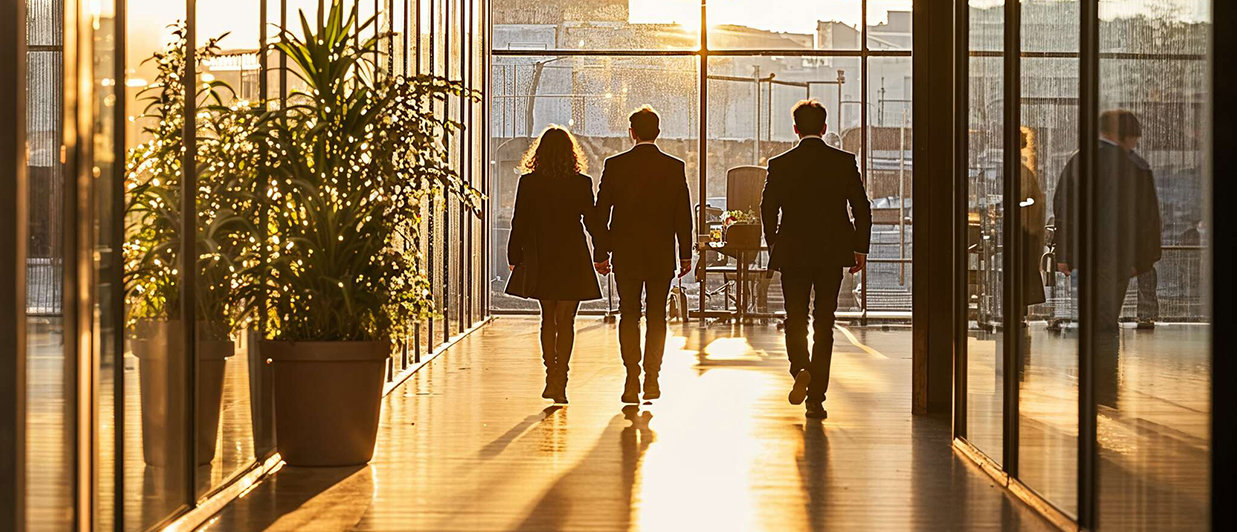 Personer som går nedför en korridor