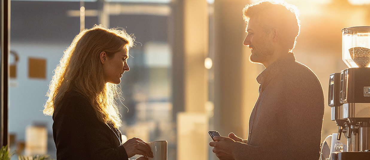 Två personer i samtal på ett kontor